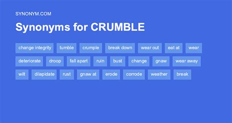 Find 6 different ways to say CRUMBLING, along with antonyms, related words, and example sentences at Thesaurus. . Crumble synonym
